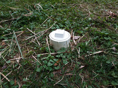 A sewer cleanout with cap attached in a yard